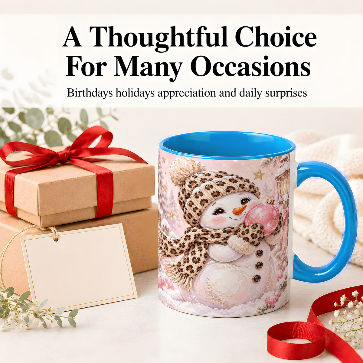 #pl[11oz|Blue] Leopard Snowman Christmas Mug, Ceramic Mug with Pink Ornament Art