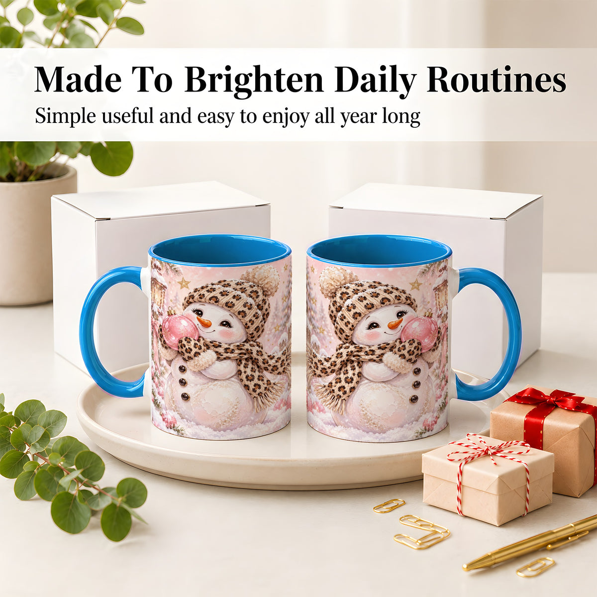 #pl[11oz|Blue] Leopard Snowman Christmas Mug, Ceramic Mug with Pink Ornament Art
