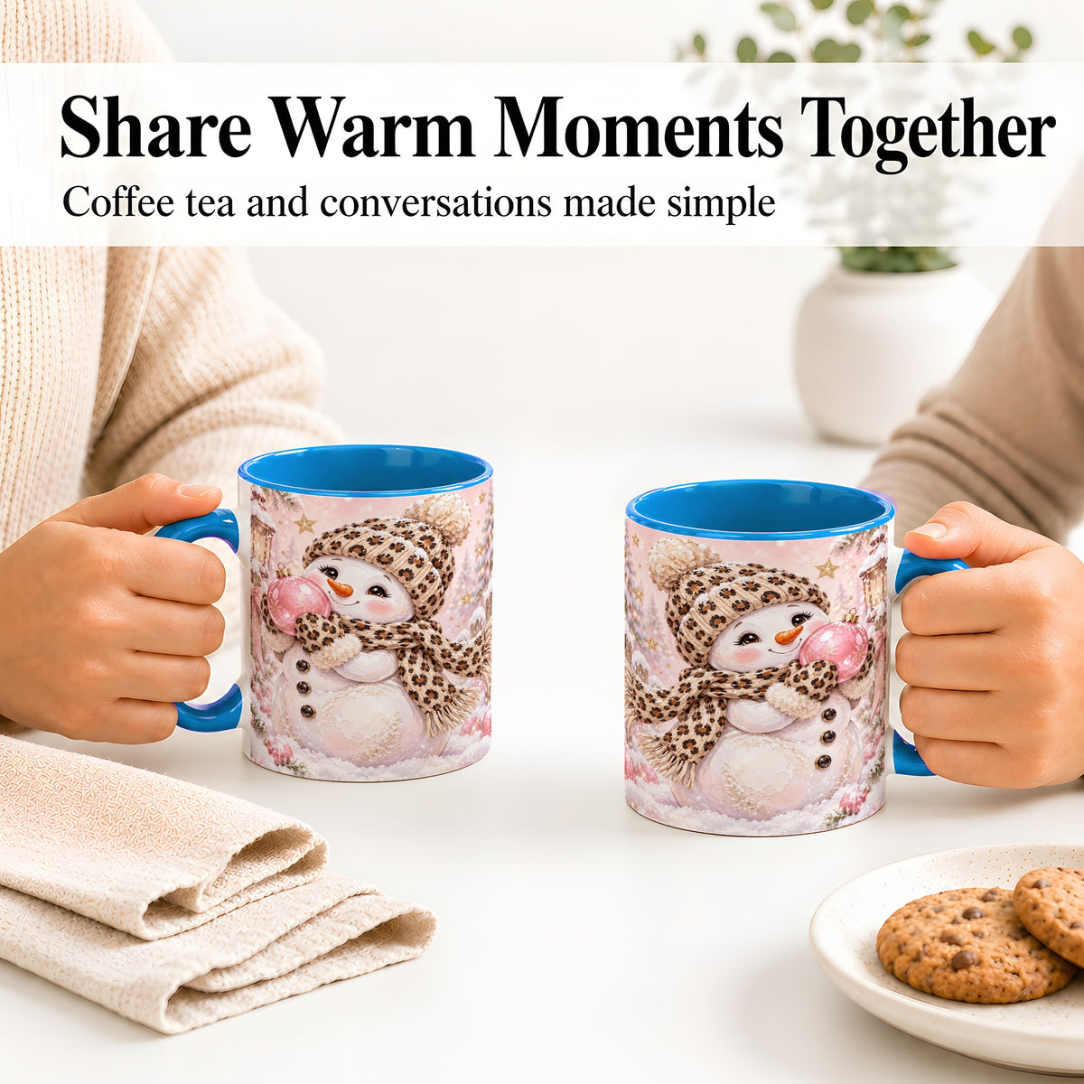 #pl[11oz|Blue] Leopard Snowman Christmas Mug, Ceramic Mug with Pink Ornament Art