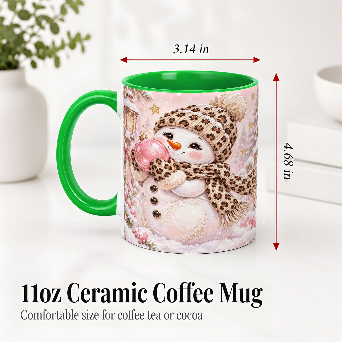 #pl[11oz|Green] Leopard Snowman Christmas Mug, Ceramic Mug with Pink Ornament Art