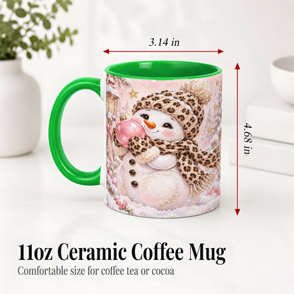 #pl[11oz|Green] Leopard Snowman Christmas Mug, Ceramic Mug with Pink Ornament Art