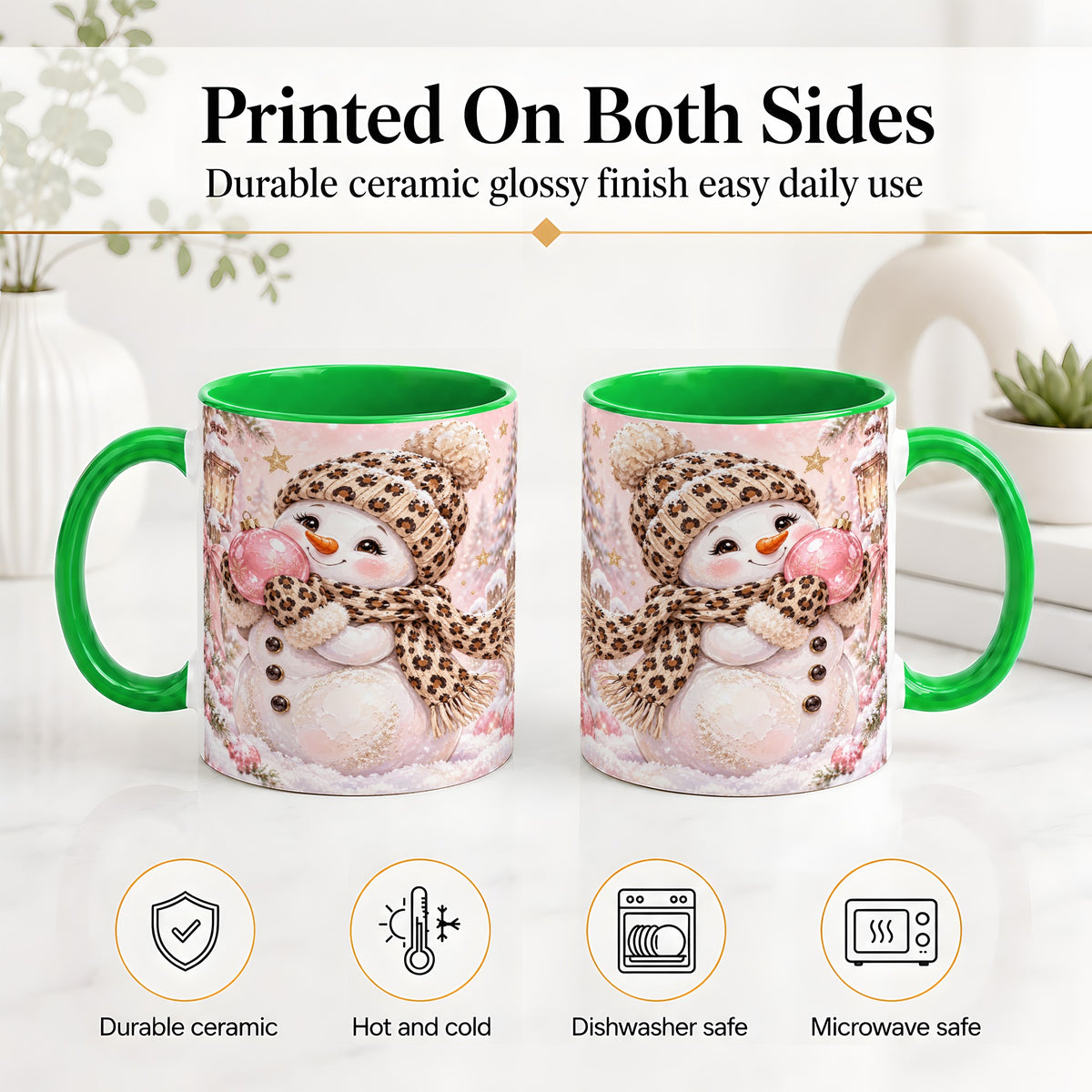 #pl[11oz|Green] Leopard Snowman Christmas Mug, Ceramic Mug with Pink Ornament Art