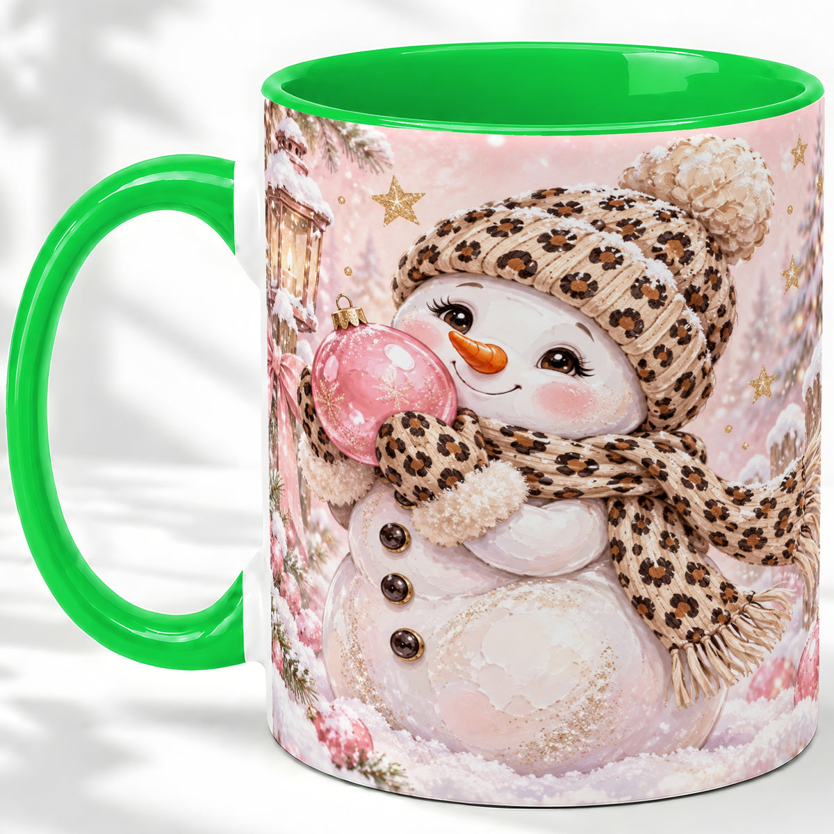 #pl[11oz|Green] Leopard Snowman Christmas Mug, Ceramic Mug with Pink Ornament Art