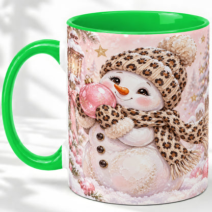 #pl[11oz|Green] Leopard Snowman Christmas Mug, Ceramic Mug with Pink Ornament Art