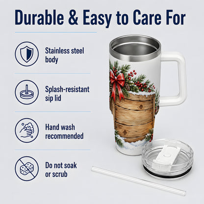 #pl[40oz|White] Rustic Christmas 40oz Stainless Steel Tumbler, Winter Lantern Design