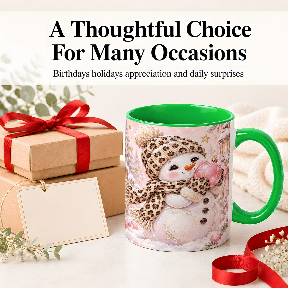 #pl[11oz|Green] Leopard Snowman Christmas Mug, Ceramic Mug with Pink Ornament Art