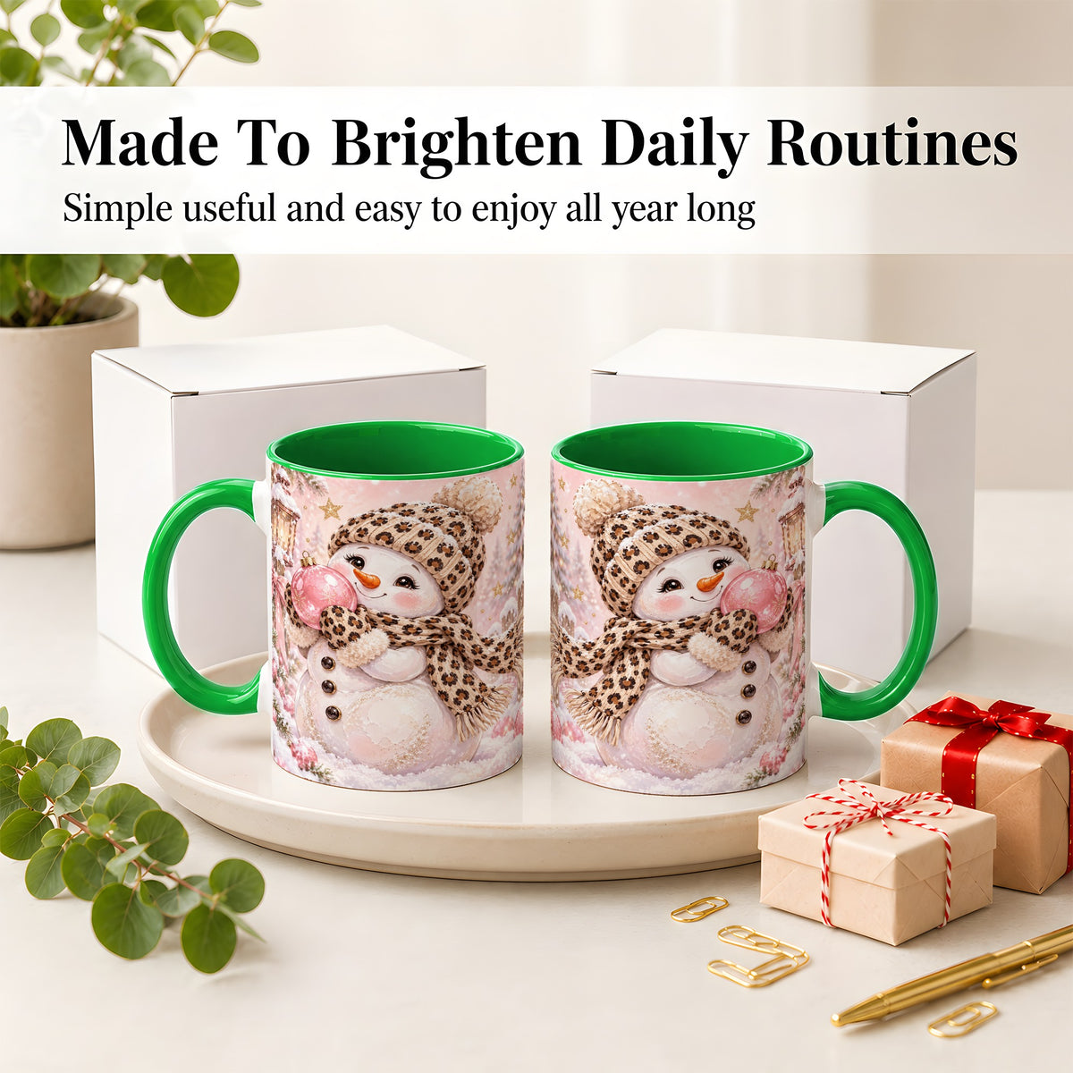 #pl[11oz|Green] Leopard Snowman Christmas Mug, Ceramic Mug with Pink Ornament Art