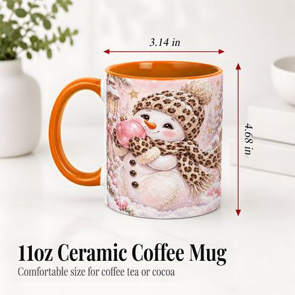 #pl[11oz|Orange] Leopard Snowman Christmas Mug, Ceramic Mug with Pink Ornament Art
