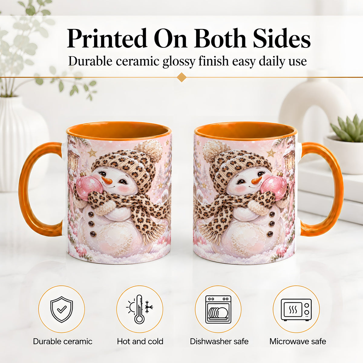 #pl[11oz|Orange] Leopard Snowman Christmas Mug, Ceramic Mug with Pink Ornament Art