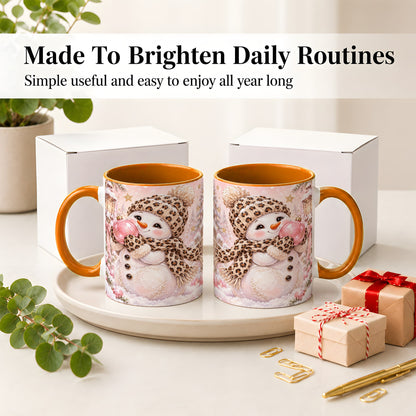 #pl[11oz|Orange] Leopard Snowman Christmas Mug, Ceramic Mug with Pink Ornament Art