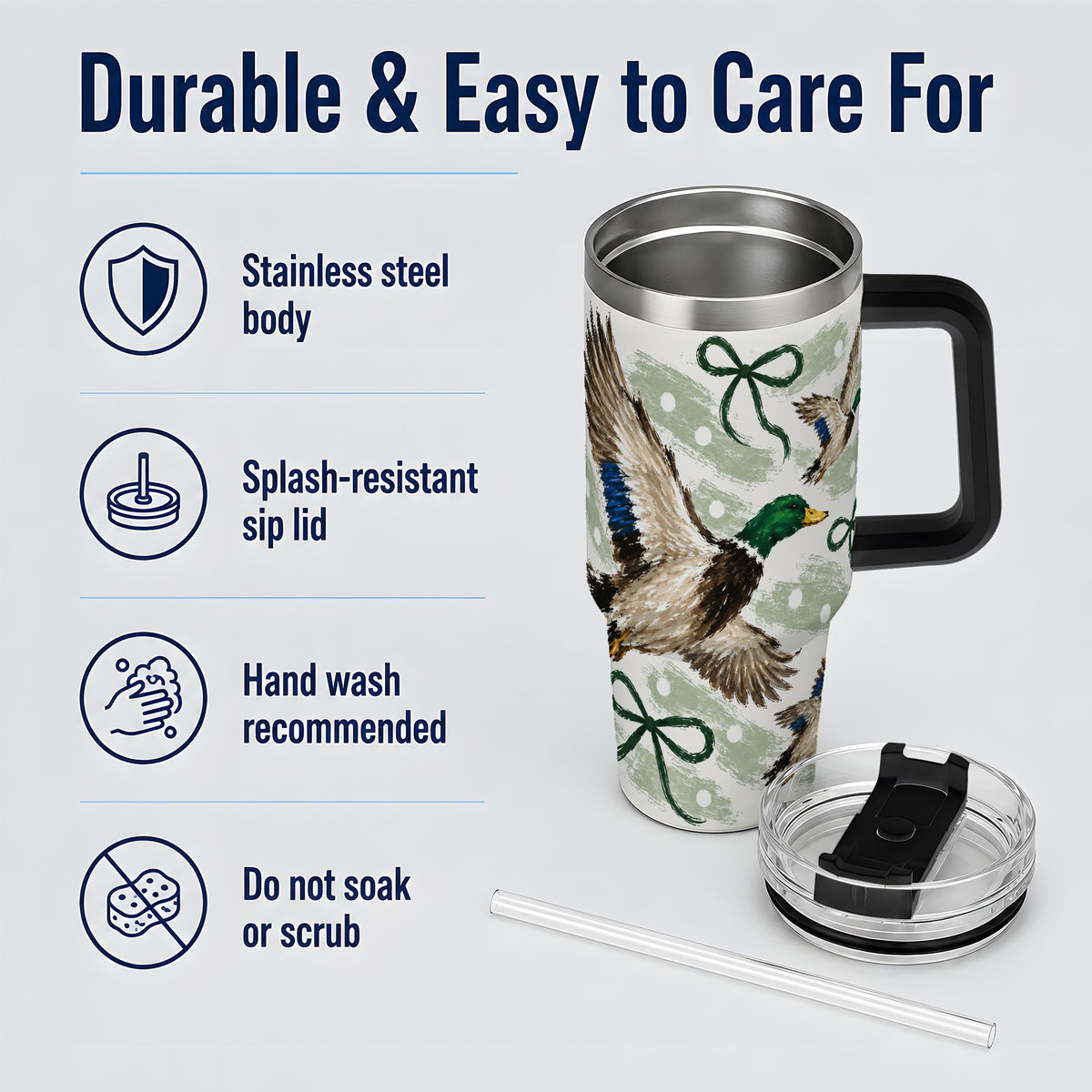 #pl[40oz|Black] Mallard Duck 40oz Stainless Steel Tumbler, Green Bow Waterfowl Design