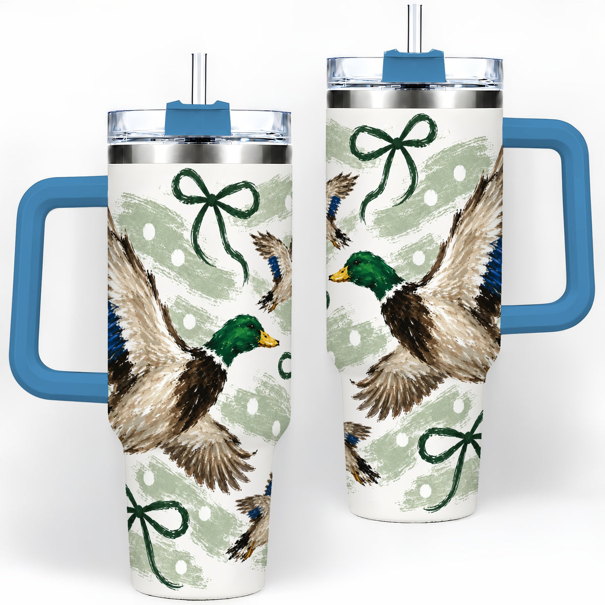 #pl[40oz|Blue] Mallard Duck 40oz Stainless Steel Tumbler, Green Bow Waterfowl Design