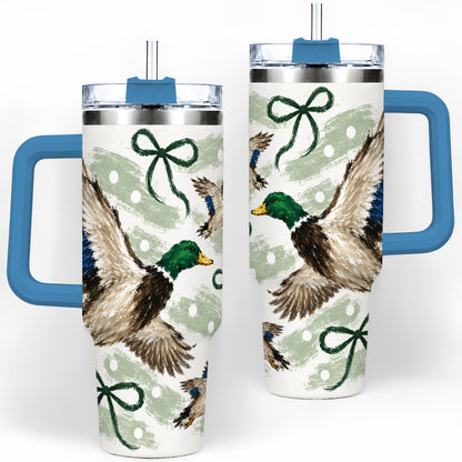 #pl[40oz|Blue] Mallard Duck 40oz Stainless Steel Tumbler, Green Bow Waterfowl Design