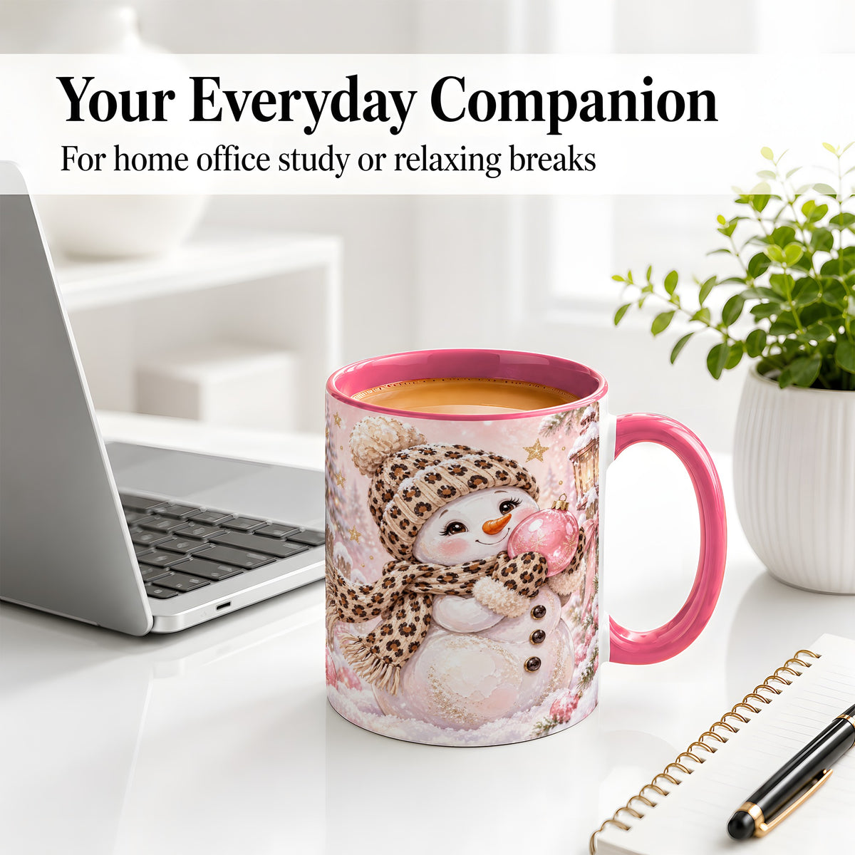 #pl[11oz|Pink] Leopard Snowman Christmas Mug, Ceramic Mug with Pink Ornament Art