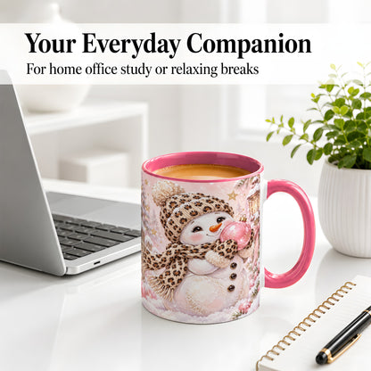 #pl[11oz|Pink] Leopard Snowman Christmas Mug, Ceramic Mug with Pink Ornament Art