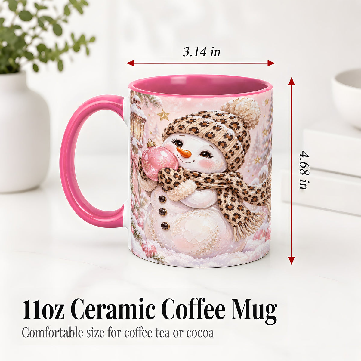 #pl[11oz|Pink] Leopard Snowman Christmas Mug, Ceramic Mug with Pink Ornament Art