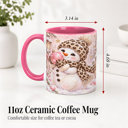 #pl[11oz|Pink] Leopard Snowman Christmas Mug, Ceramic Mug with Pink Ornament Art