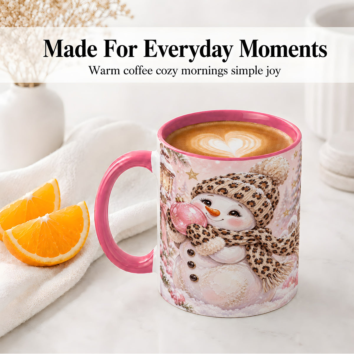 #pl[11oz|Pink] Leopard Snowman Christmas Mug, Ceramic Mug with Pink Ornament Art
