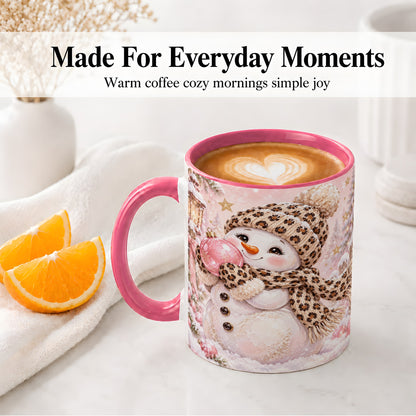 #pl[11oz|Pink] Leopard Snowman Christmas Mug, Ceramic Mug with Pink Ornament Art