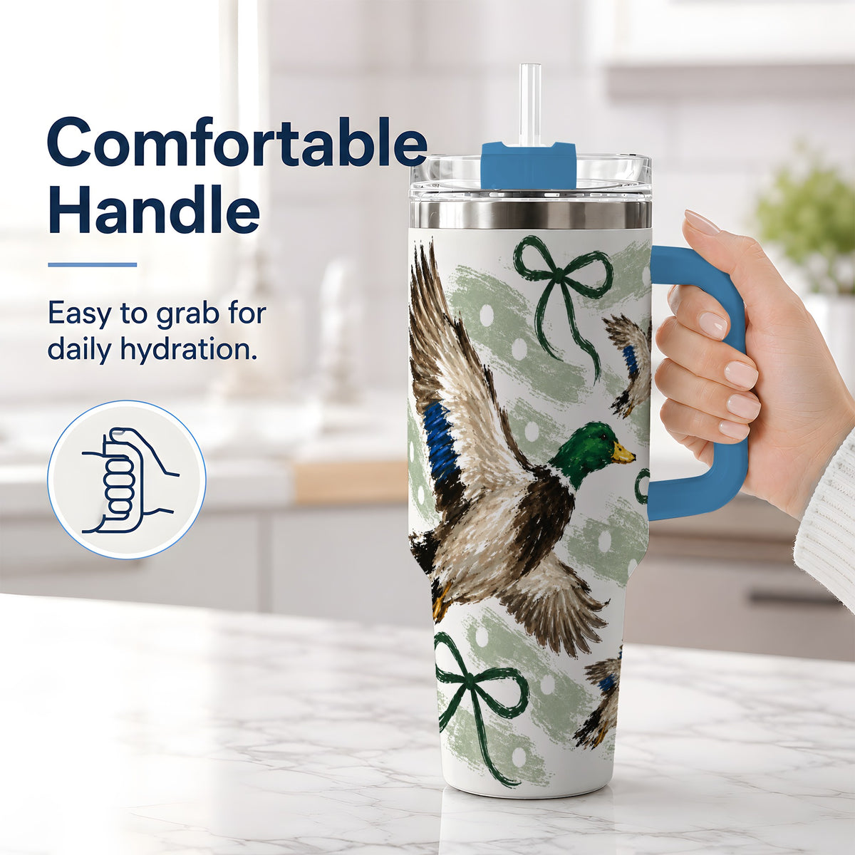 #pl[40oz|Blue] Mallard Duck 40oz Stainless Steel Tumbler, Green Bow Waterfowl Design