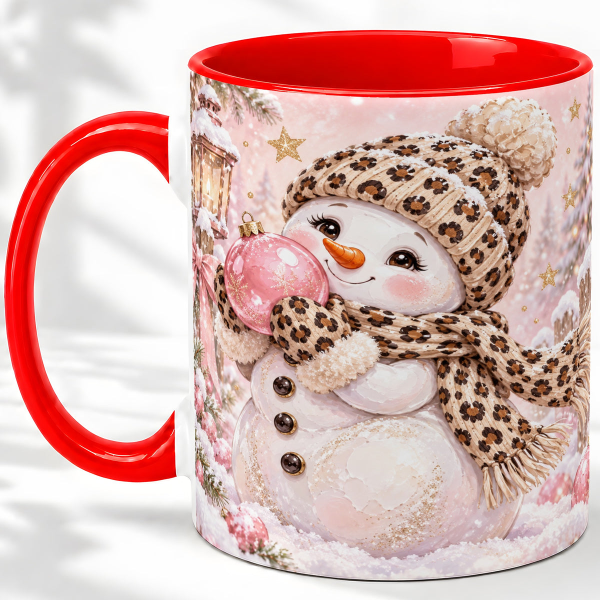 Leopard Snowman Christmas Mug, Ceramic Mug with Pink Ornament Art