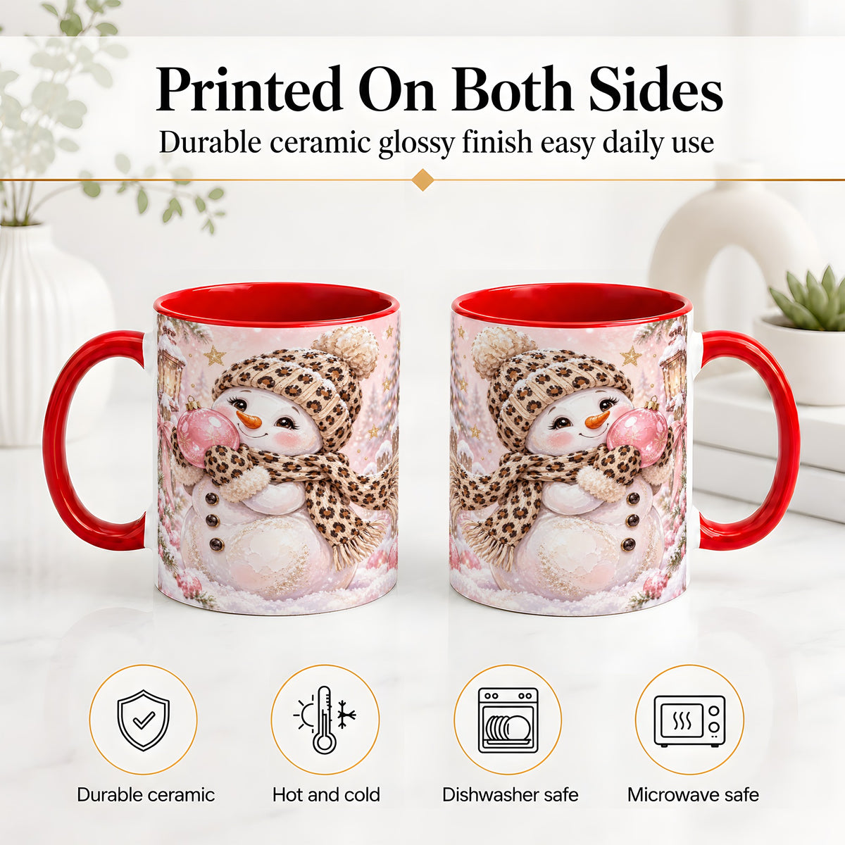 #pl[11oz|Red] Leopard Snowman Christmas Mug, Ceramic Mug with Pink Ornament Art