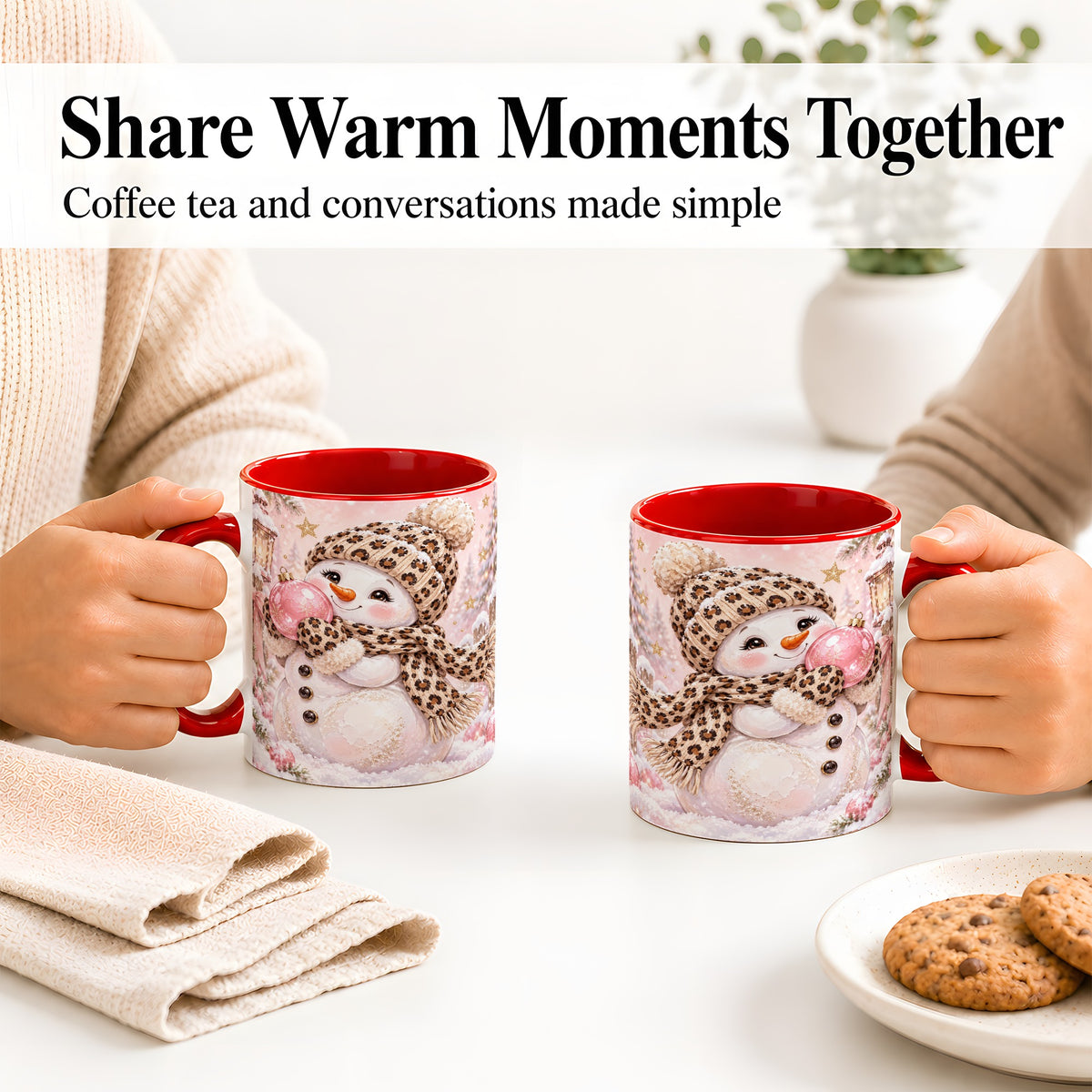 #pl[11oz|Red] Leopard Snowman Christmas Mug, Ceramic Mug with Pink Ornament Art