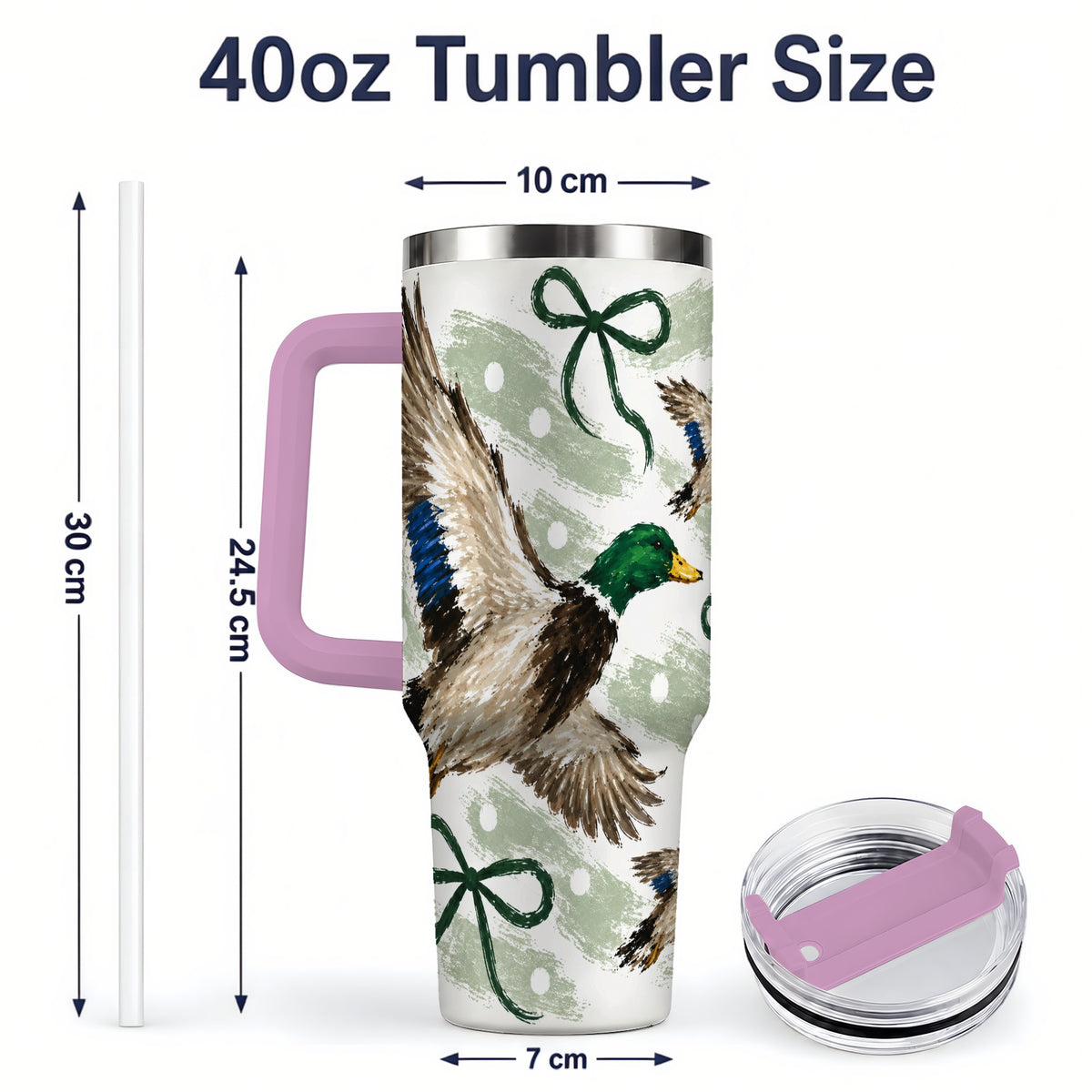 #pl[40oz|Pink] Mallard Duck 40oz Stainless Steel Tumbler, Green Bow Waterfowl Design
