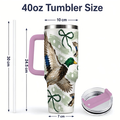 #pl[40oz|Pink] Mallard Duck 40oz Stainless Steel Tumbler, Green Bow Waterfowl Design
