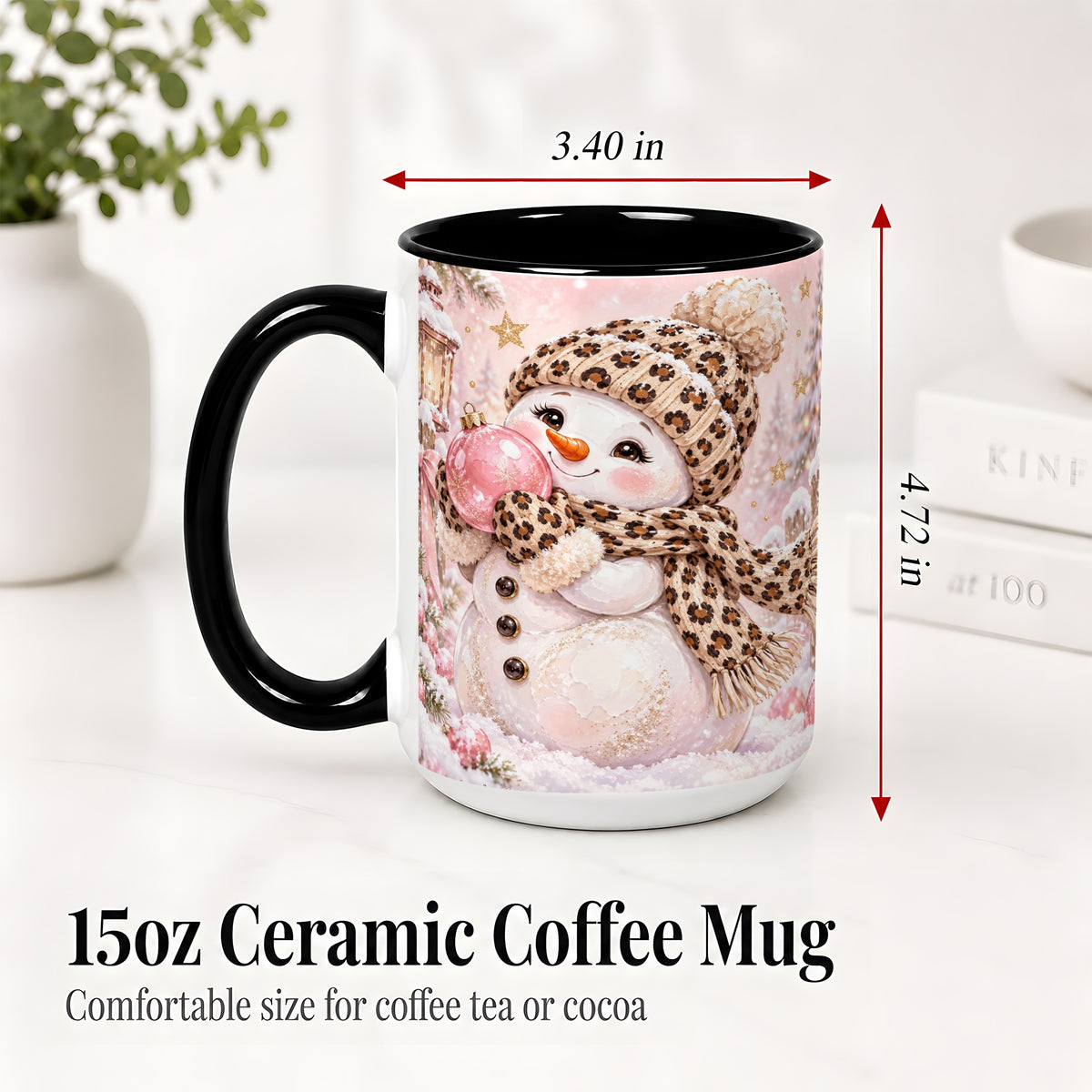 #pl[15oz|Black] Leopard Snowman Christmas Mug, Ceramic Mug with Pink Ornament Art