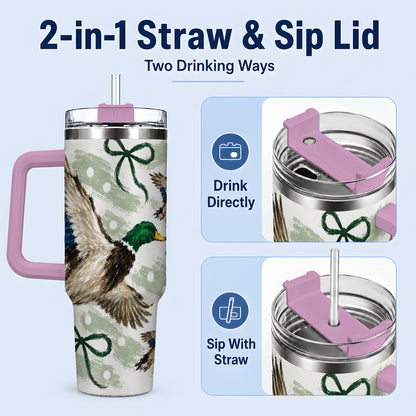#pl[40oz|Pink] Mallard Duck 40oz Stainless Steel Tumbler, Green Bow Waterfowl Design