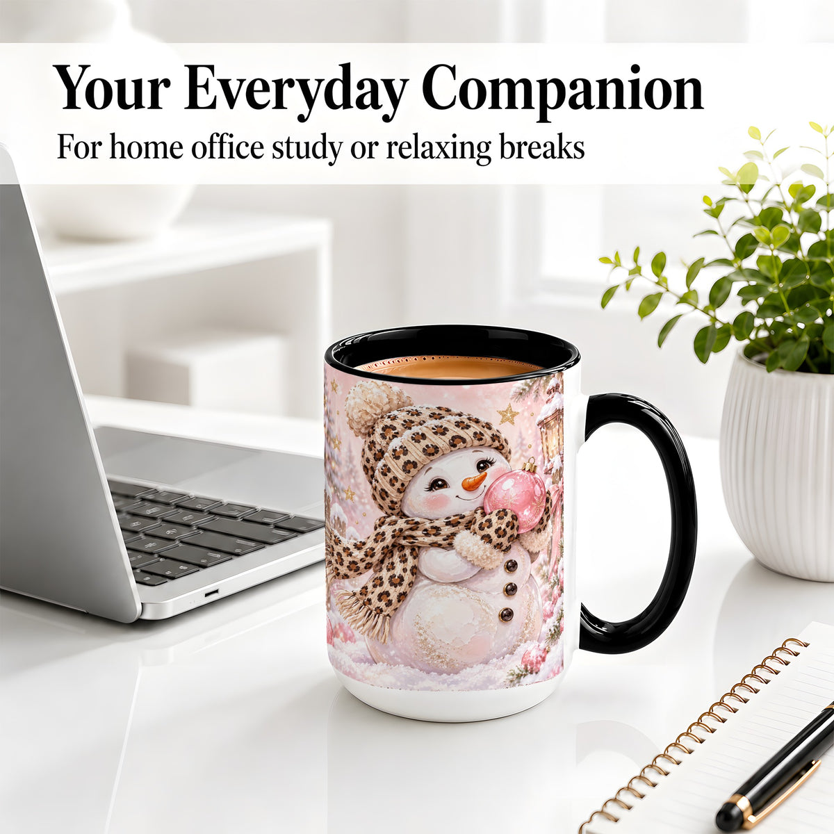 #pl[15oz|Black] Leopard Snowman Christmas Mug, Ceramic Mug with Pink Ornament Art