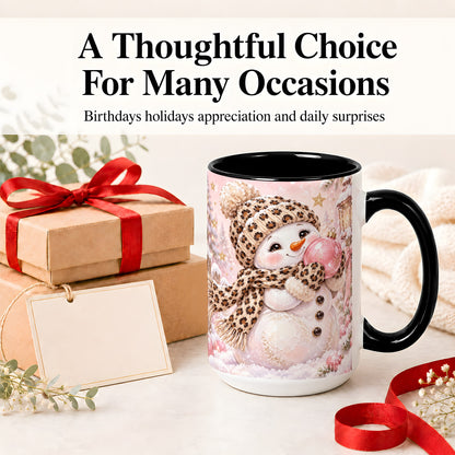 #pl[15oz|Black] Leopard Snowman Christmas Mug, Ceramic Mug with Pink Ornament Art