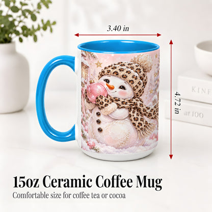 #pl[15oz|Blue] Leopard Snowman Christmas Mug, Ceramic Mug with Pink Ornament Art