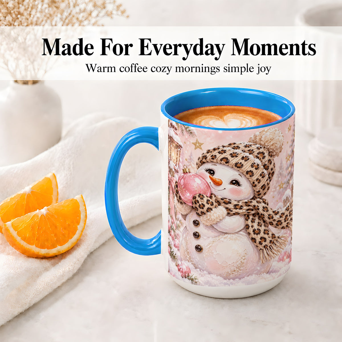 #pl[15oz|Blue] Leopard Snowman Christmas Mug, Ceramic Mug with Pink Ornament Art