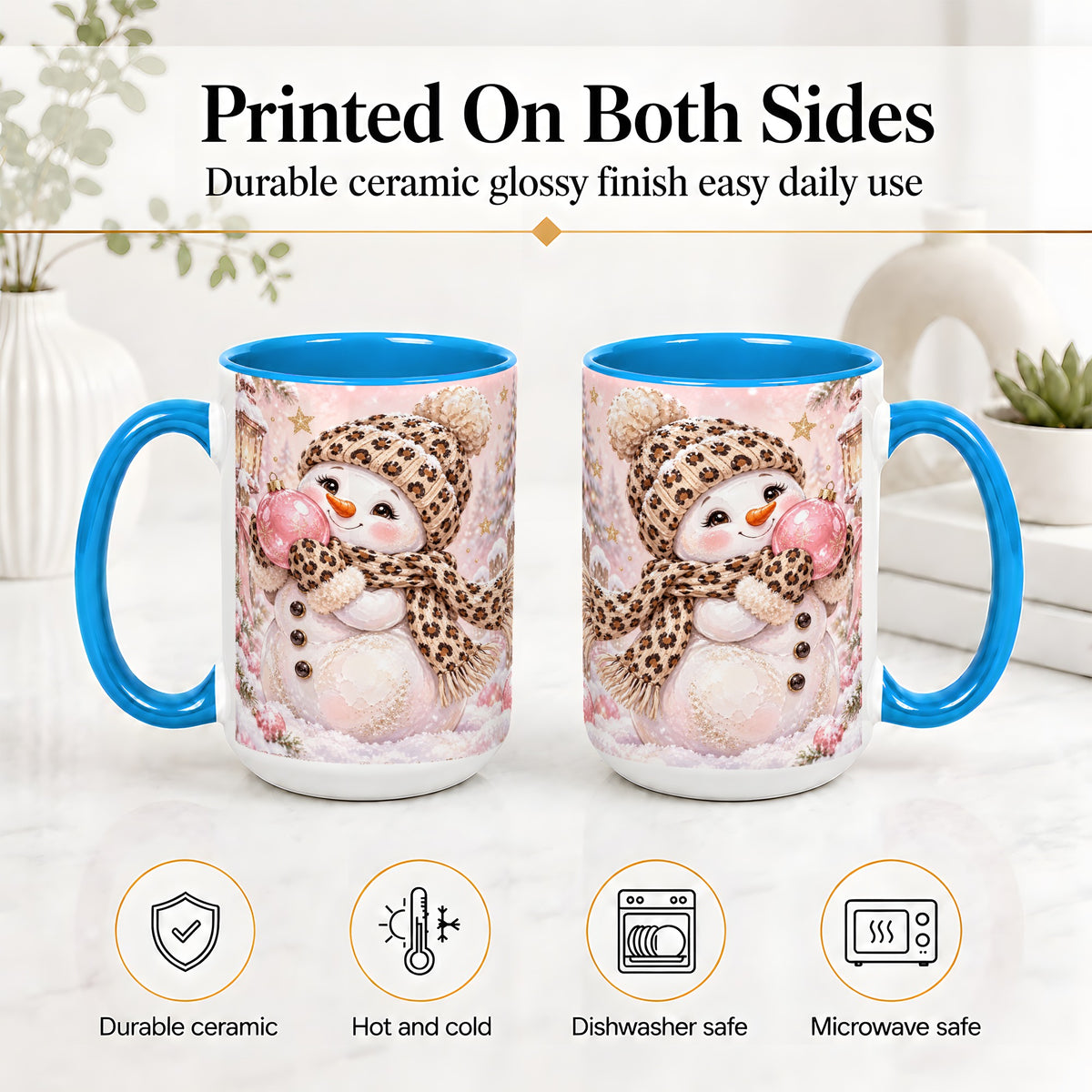 #pl[15oz|Blue] Leopard Snowman Christmas Mug, Ceramic Mug with Pink Ornament Art