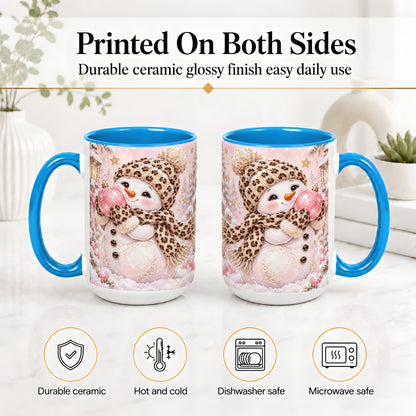 #pl[15oz|Blue] Leopard Snowman Christmas Mug, Ceramic Mug with Pink Ornament Art