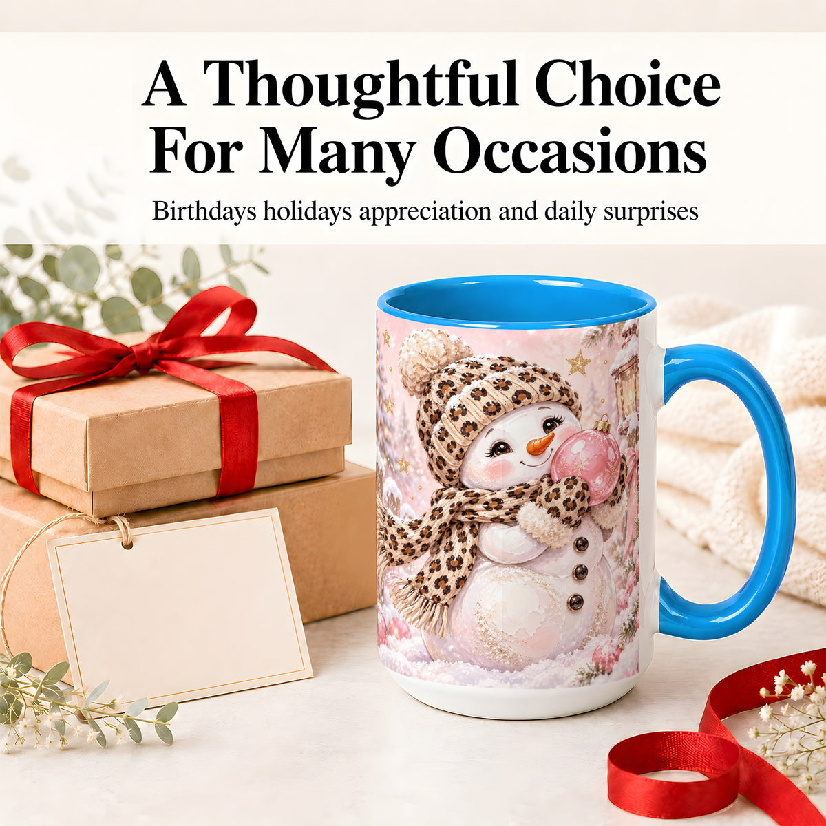 #pl[15oz|Blue] Leopard Snowman Christmas Mug, Ceramic Mug with Pink Ornament Art