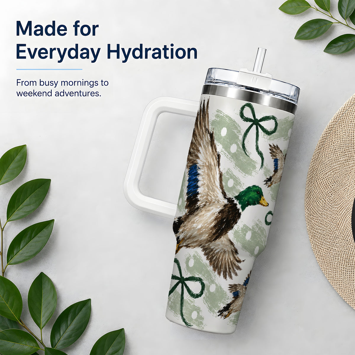 #pl[40oz|White] Mallard Duck 40oz Stainless Steel Tumbler, Green Bow Waterfowl Design