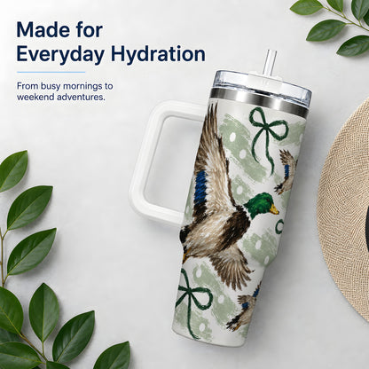 #pl[40oz|White] Mallard Duck 40oz Stainless Steel Tumbler, Green Bow Waterfowl Design