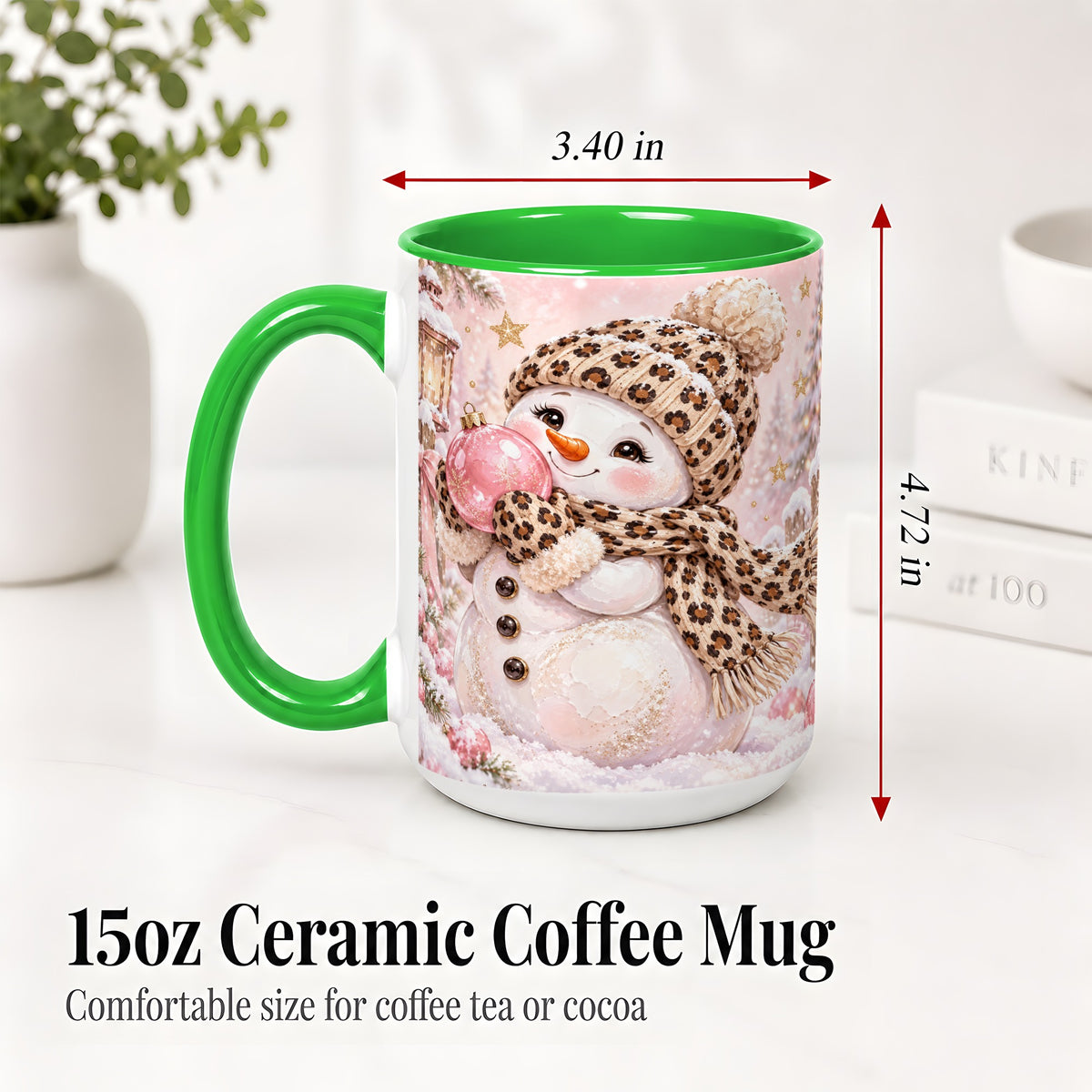 #pl[15oz|Green] Leopard Snowman Christmas Mug, Ceramic Mug with Pink Ornament Art
