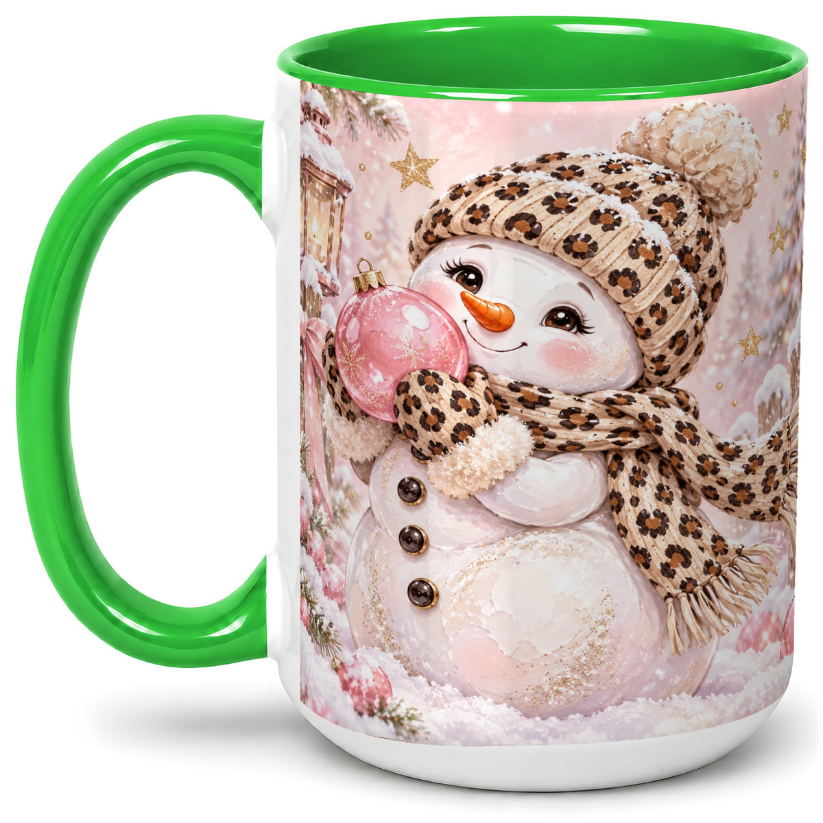 #pl[15oz|Green] Leopard Snowman Christmas Mug, Ceramic Mug with Pink Ornament Art