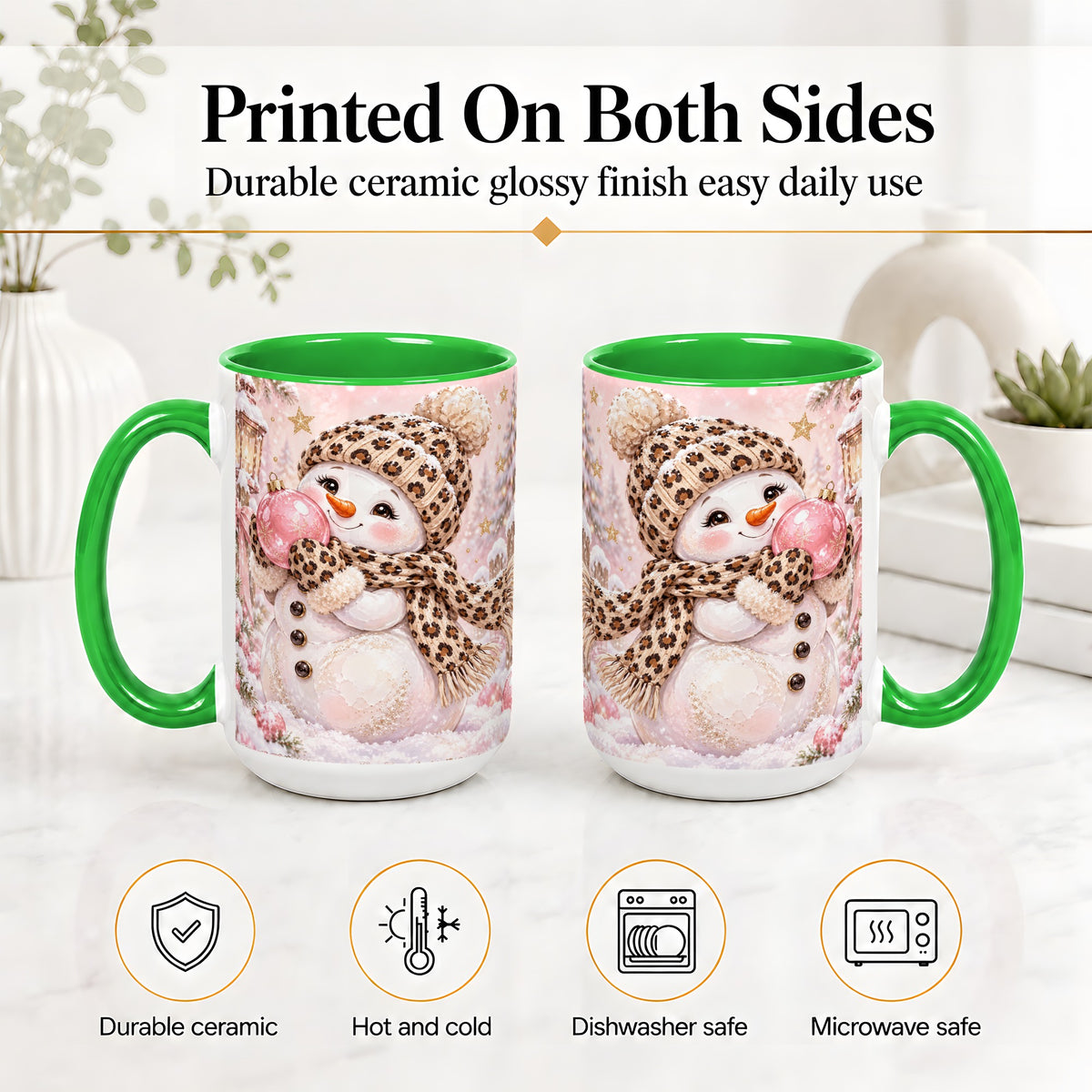 #pl[15oz|Green] Leopard Snowman Christmas Mug, Ceramic Mug with Pink Ornament Art