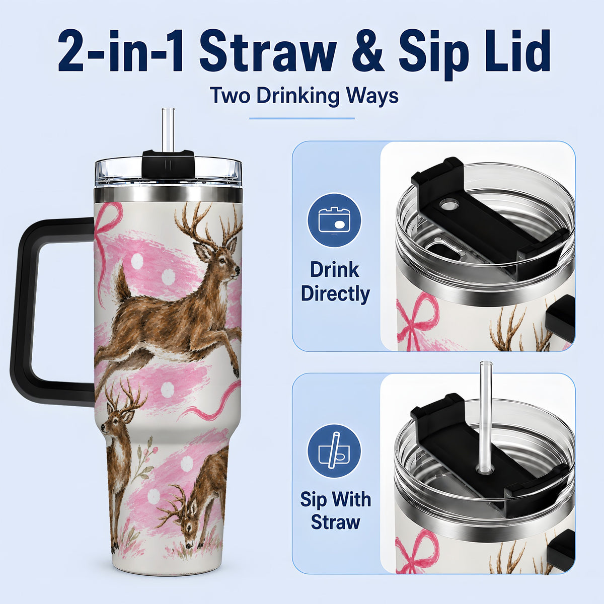 #pl[40oz|Black] Pink Whitetail Deer 40oz Stainless Steel Tumbler, Berry Bow Design