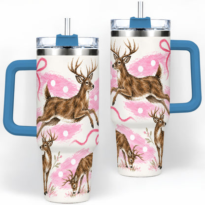#pl[40oz|Blue] Pink Whitetail Deer 40oz Stainless Steel Tumbler, Berry Bow Design