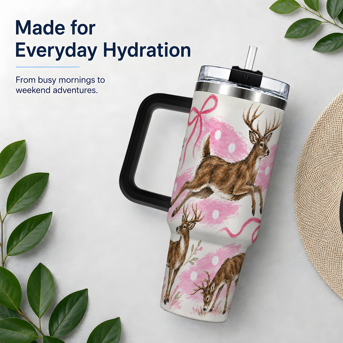 #pl[40oz|Black] Pink Whitetail Deer 40oz Stainless Steel Tumbler, Berry Bow Design