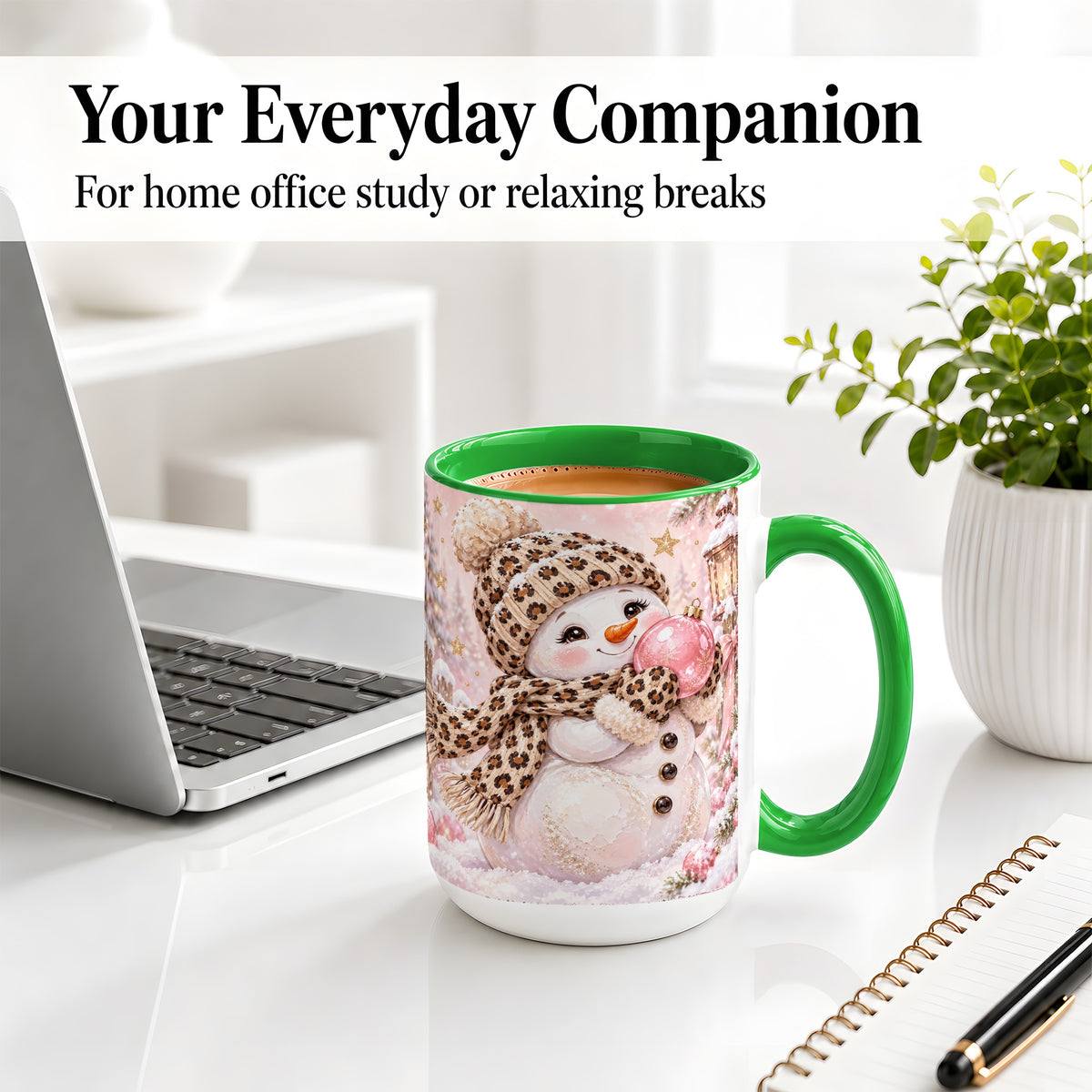 #pl[15oz|Green] Leopard Snowman Christmas Mug, Ceramic Mug with Pink Ornament Art