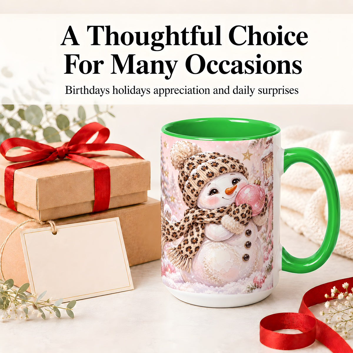 #pl[15oz|Green] Leopard Snowman Christmas Mug, Ceramic Mug with Pink Ornament Art