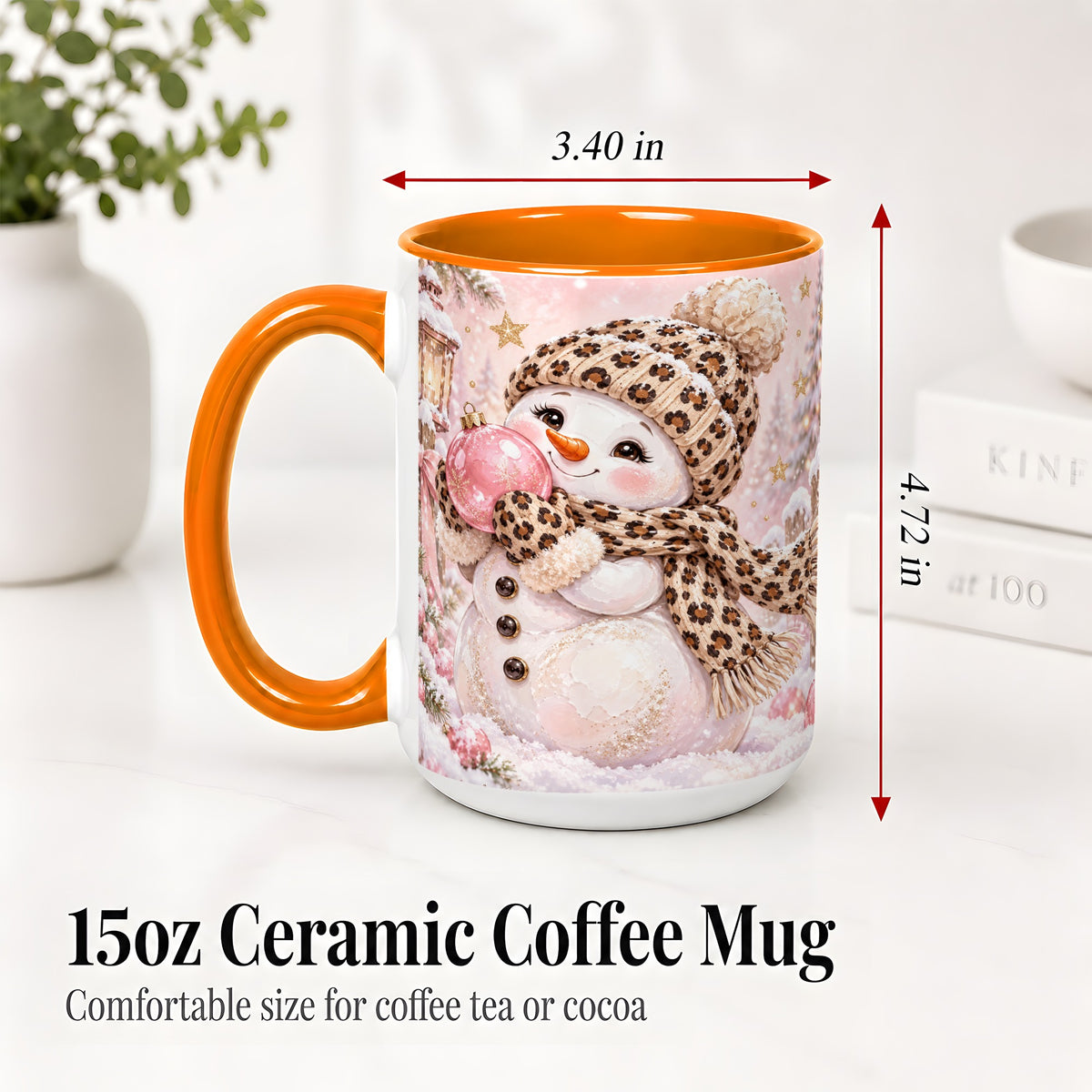 #pl[15oz|Orange] Leopard Snowman Christmas Mug, Ceramic Mug with Pink Ornament Art