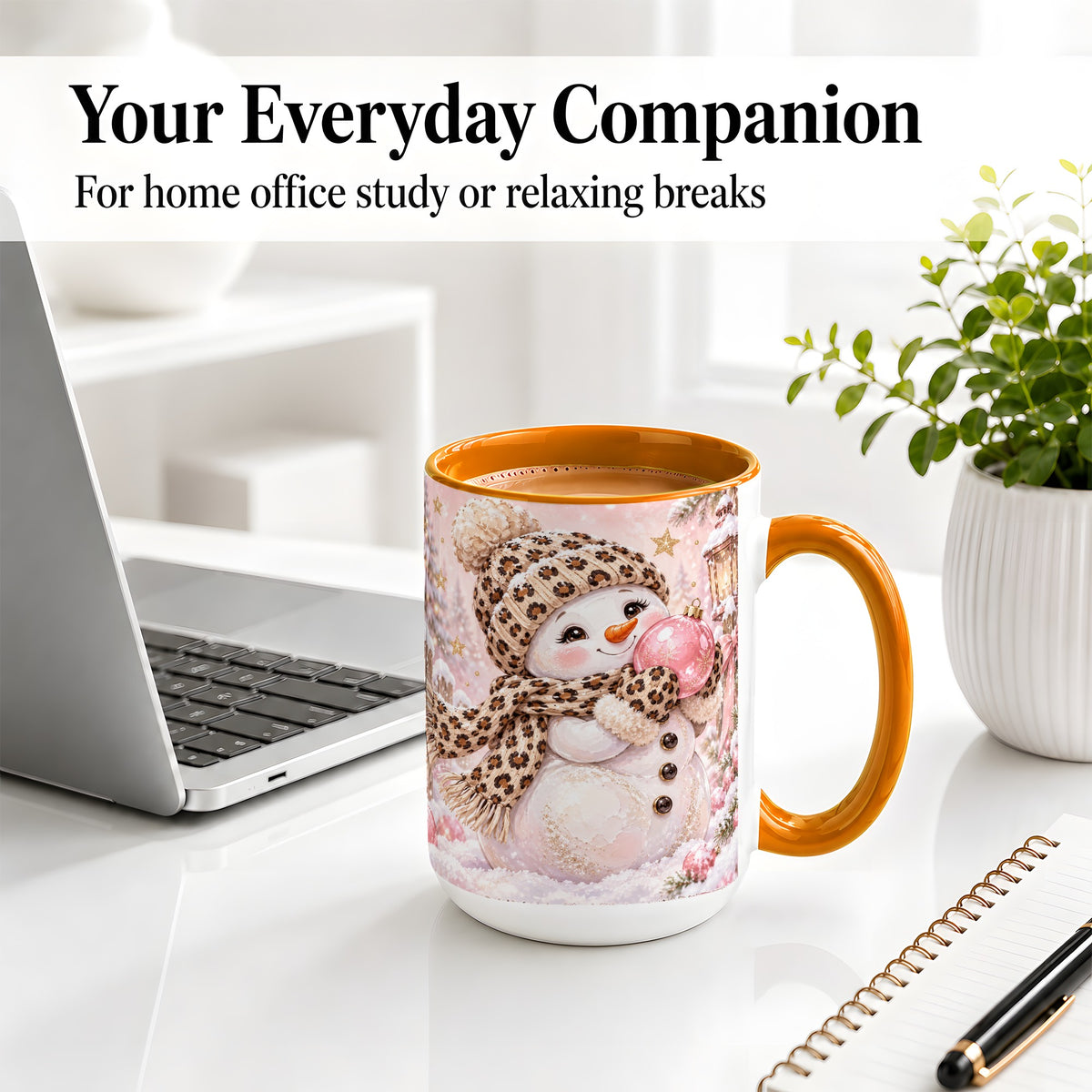 #pl[15oz|Orange] Leopard Snowman Christmas Mug, Ceramic Mug with Pink Ornament Art
